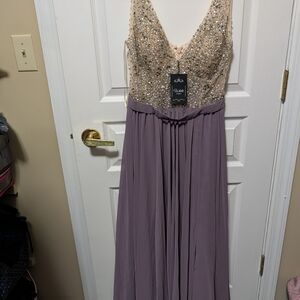 Elegant Beaded Evening Gown in Lavender and Beige